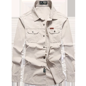 Classic beige men's long-sleeve outdoor cotton shirt with dual chest pockets and collar