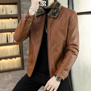 Veste en cuir marron caramel pour hommes avec col en polaire gris foncé et fermeture éclair
