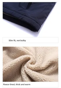 Detail of navy windbreaker with warm off-white fleece lining and durable outer fabric