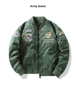 Close-up of army green MA-1 flight jacket featuring tiger embroidery and military badges