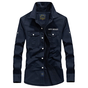 Classic navy cotton long sleeve shirt with lapel collar and dual chest pockets
