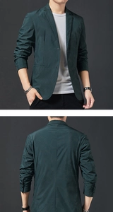 Front and back detail of a slim-fit dark green jacket with white polka dot texture