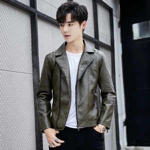 Men's olive green faux leather biker jacket with silver shoulder studs and zip detail