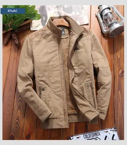 Detail view of khaki cotton work jacket with warm sherpa fleece lining and ribbed cuffs