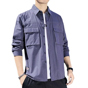 Men's outdoor grey-blue long-sleeve casual shirt with double flap pockets on white background