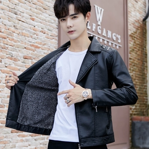 Men's slim fit black PU leather jacket with warm fleece lining and biker lapel design