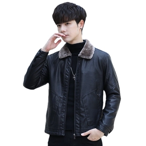Veste homme en similicuir noir avec col en fausse fourrure marron et polaire