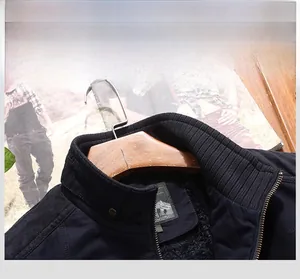 Detail view of winter casual jacket showing warm fleece lining and ribbed stand collar