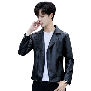 Slim fit black faux leather jacket for men featuring silver studs on the shoulder