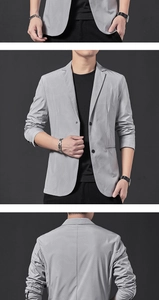Detailed close-up and full view of a light grey men's business casual blazer jacket