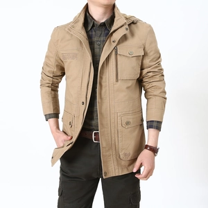 Men's khaki multi-pocket hooded work jacket in a loose fit made of breathable cotton fabric