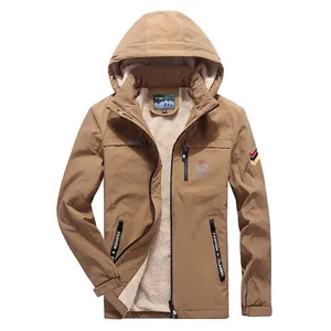 Men's khaki outdoor windbreaker jacket with fleece lining and detachable hood