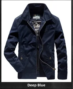 Detail of dark blue casual jacket showing stand collar, zipper, and windproof fabric