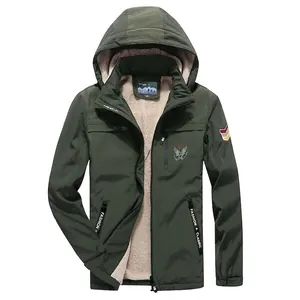 Men's outdoor hooded jacket in army green with warm fleece lining and adjustable cuffs