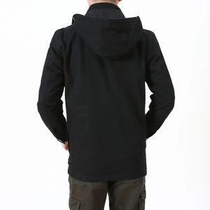 Men's black hooded cargo jacket with a relaxed fit and cotton canvas texture, back view