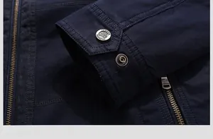 Detailed close-up of dark blue cotton jacket cuff with metal snaps and zip texture