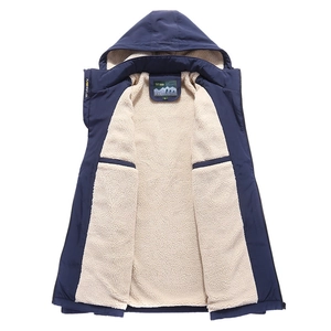 Men's winter heavy jacket with thick sherpa lining and detachable hood in navy blue