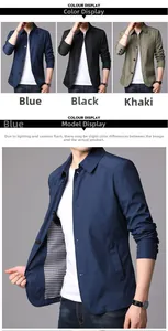 Detail view of men's business jackets in blue, black and khaki with checkered lining