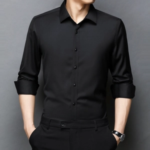 Slim fit black long sleeve business shirt for men featuring classic pointed collar and buttons