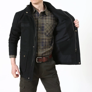 Men's black hooded outdoor cargo jacket with multiple pockets and functional zipper