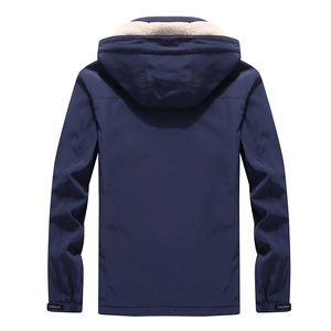 Men's navy blue windbreaker with warm fleece lining and detachable hood outdoor jacket