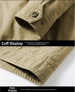 Detailed view of khaki cotton jacket cuffs with metal snaps and double-stitched hem