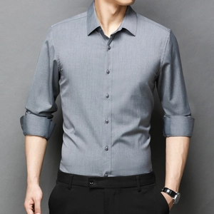 Slim fit men's long sleeve business casual shirt in grey fabric with turn-down collar