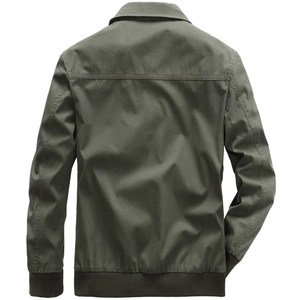 Men's cotton military green cargo jacket with ribbed cuffs and hem, back view display