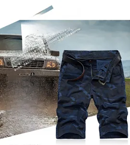 Detail of navy blue camouflage cargo shorts with high-quality twill cotton texture