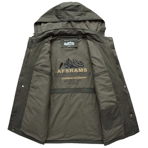 Men's loose hooded military jacket in olive green with multi-pocket and durable canvas fabric