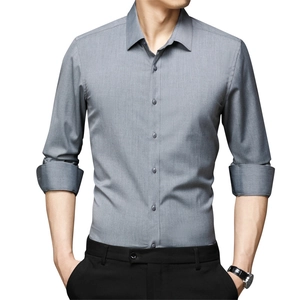 Slim fit men's long sleeve grey casual shirt with classic collar and twill texture
