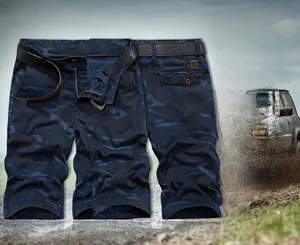 Detail view of navy camo cargo shorts with durable cotton fabric and black leather belt