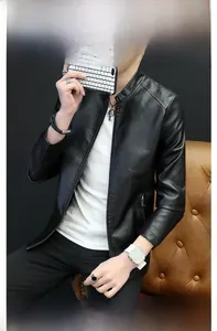 Detail view of men's black PU leather biker jacket with stand collar and metallic zippers