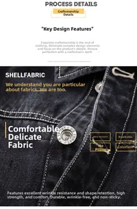 Close-up of durable denim jacket featuring silver buttons and contrast stitching detail