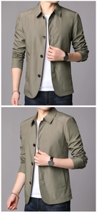 Detail view of olive green business casual jacket with micro-grid ripstop fabric and buttons