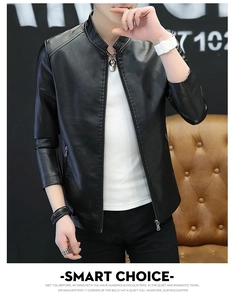 Detailed close-up of a men's black slim-fit PU leather jacket with premium metal zippers