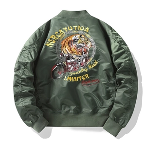 Army green MA1 bomber jacket with detailed tiger embroidery and ribbed trims on back