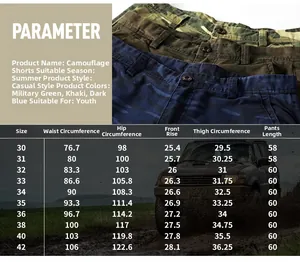 Detailed size chart for men's camouflage shorts with waist and hip measurements