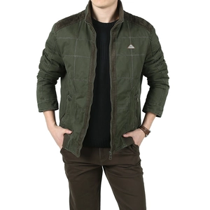 Men's winter quilted jacket in army green with fleece lining and stand collar
