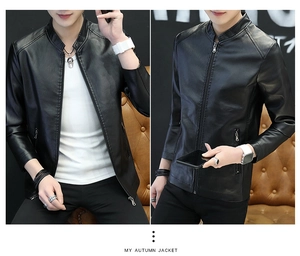 Detail of premium black PU leather jacket featuring sleek zipper pockets and stand collar