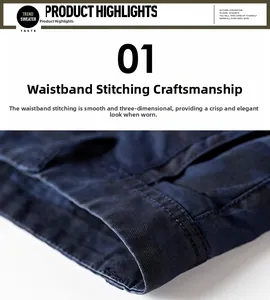 Macro detail of high-quality double-stitched waistband on navy camo shorts