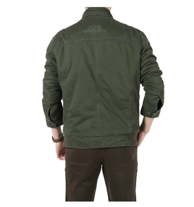 Army green men's outdoor casual jacket with fleece lining and back graphic print