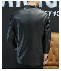 Detail view of men's black PU leather biker jacket with vertical back stitching details