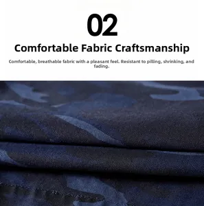 Detailed view of breathable navy camo cotton fabric showing twill texture and anti-pilling