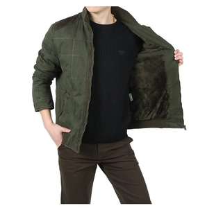 Army green men's fleece-lined jacket with diamond quilting and stand collar for winter