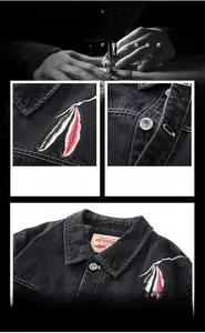 Detailed close-up of feather embroidery and branded metal buttons on black denim jacket