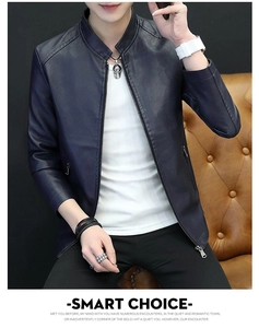 Detail view of navy blue faux leather jacket featuring a stand collar and metal zipper
