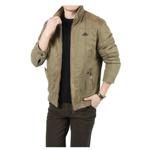 Men's winter casual jacket with fleece lining and stand collar in khaki olive green