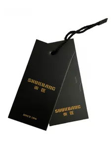 Detail view of premium black matte garment tags with woven cord for classic jackets