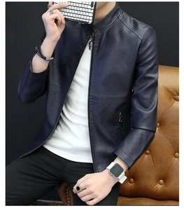 Detailed view of the dark blue men's PU leather jacket with stylish zipper cuffs